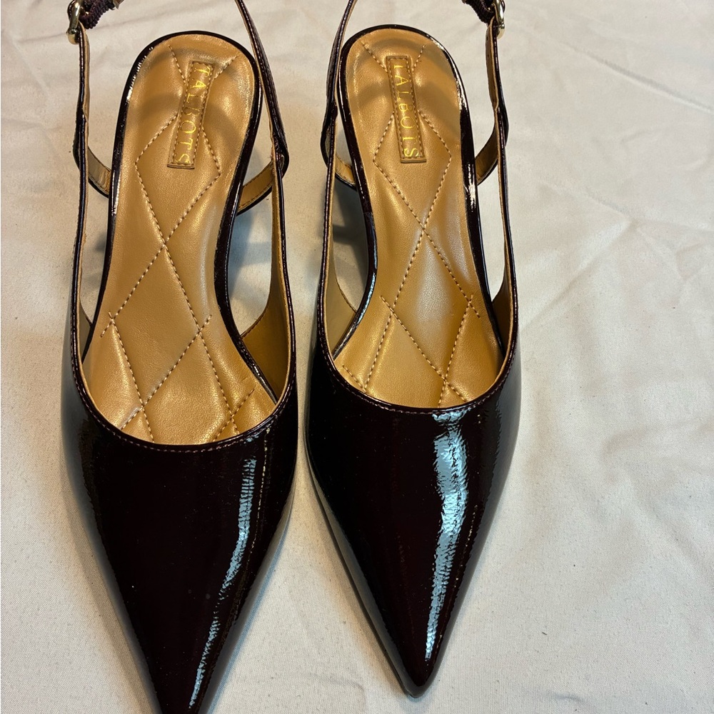 Talbots Burgundy Patent Pointed-Toe Kitten Heel Slingback Heels